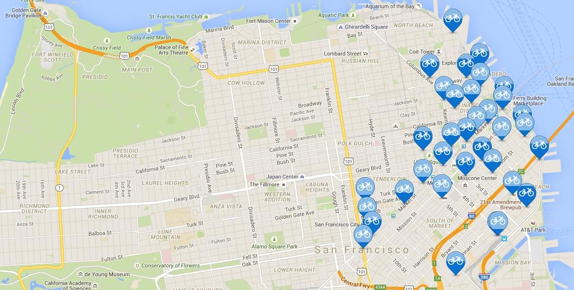 نقشه از San Francisco به اشتراک گذاری دوچرخه
