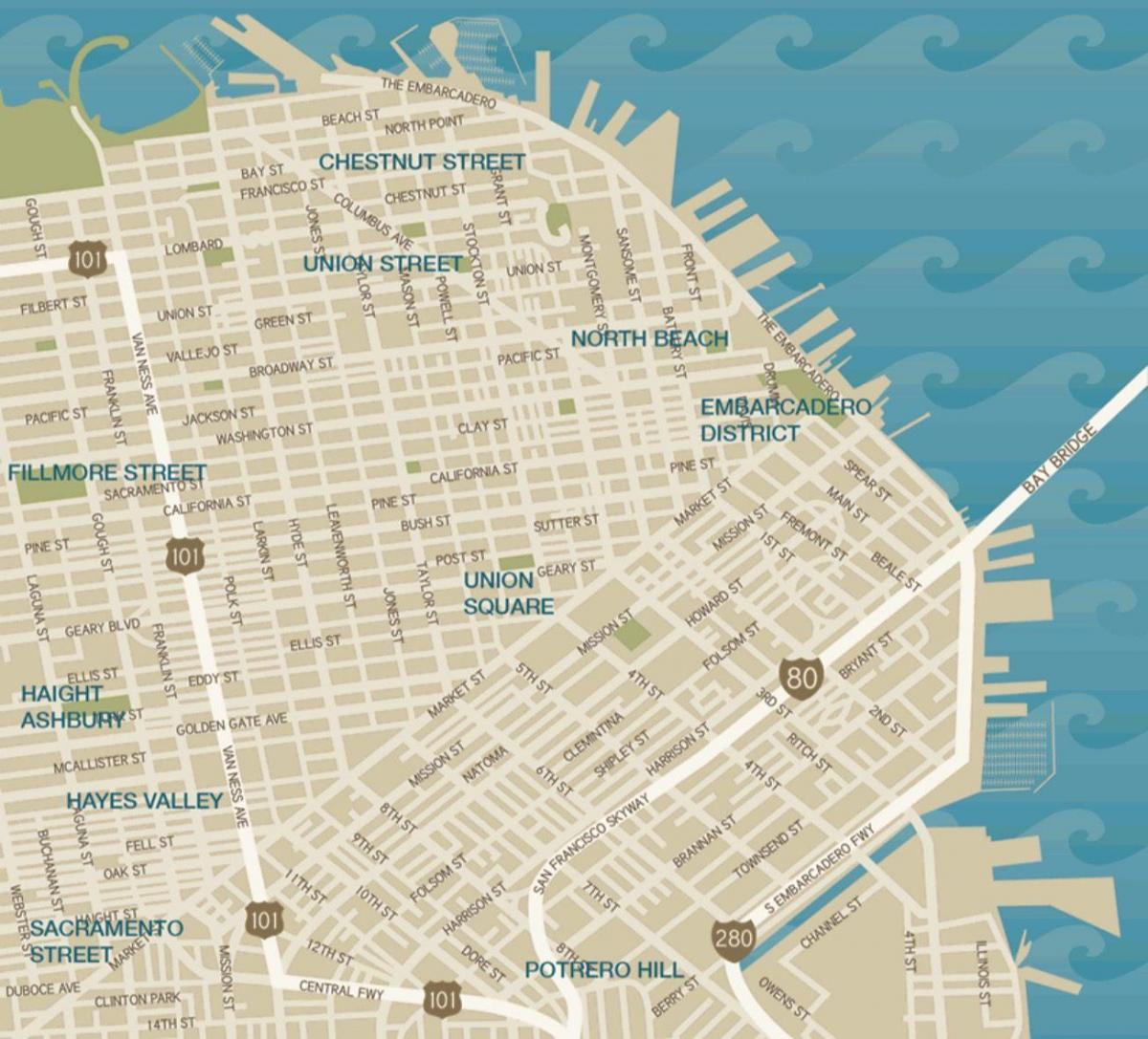 نقشه از مرکز شهر سان فرانسیسکو اتحادیه مربع
