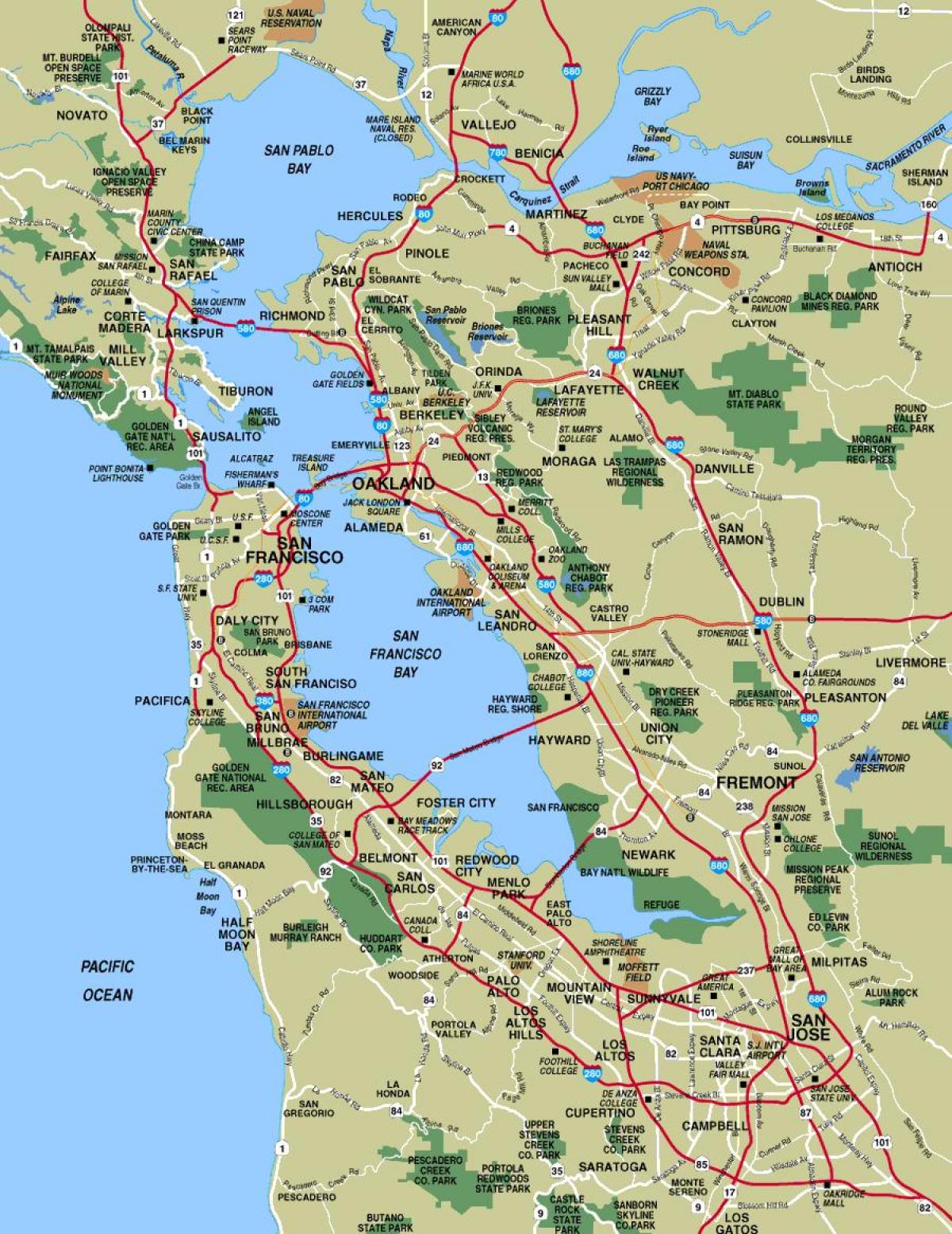 نقشه از San Francisco, شهرهای منطقه