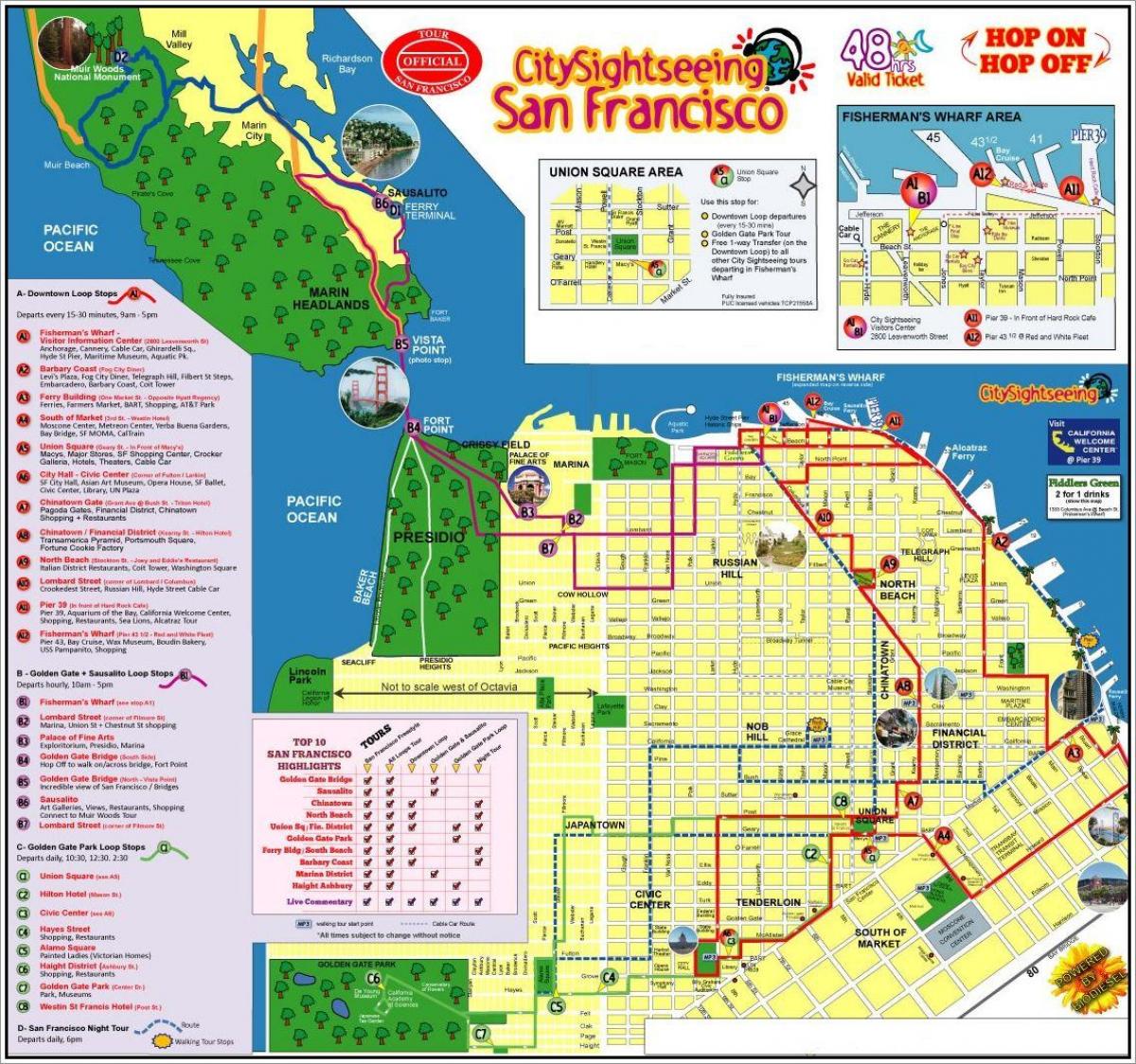 سان فرانسیسکو هاپ در هاپ خاموش اتوبوس تور نقشه