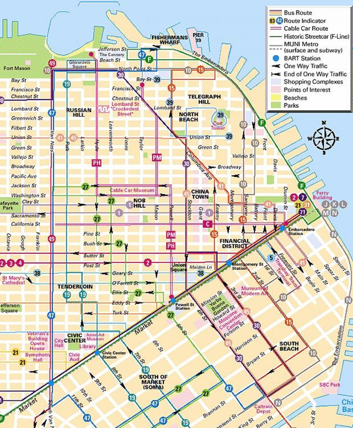 ماشین کابل خطوط San Francisco map